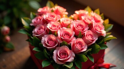 Fototapeta premium A Heart Shaped Arrangement of Delicate Pink Roses in a Luxurious Red Box, a Romantic Gift of Exquisite Beauty and Elegance