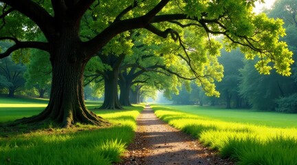 Obraz premium Serene Pathway Through a Sunlit Grove of Majestic Trees with Lush Green Grass