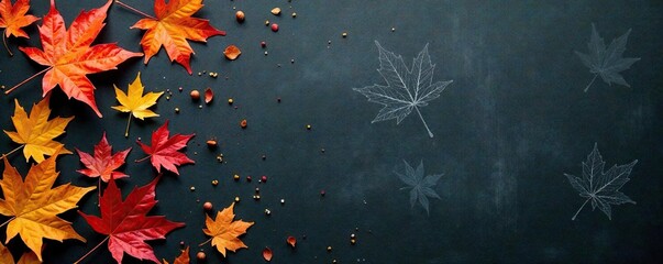 Chalk marks on a blackboard with scattered autumn leaves in different shapes and sizes, foliage, decorations