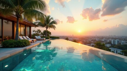 Fototapeta premium Sunset Serenity Infinity Pool at a Modern Tropical Residence Overlooking Urban Skyline