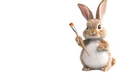 Cute easter bunny holding paintbrush on transparent background