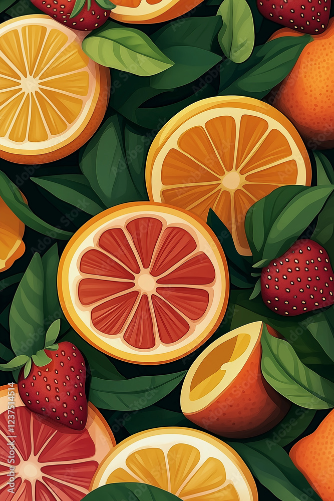 Poster Sliced citrus fruits and strawberries creating vibrant and refreshing pattern