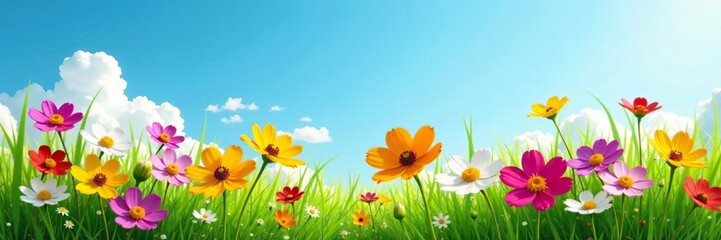 Obraz premium Colorful flowers in a lush meadow under clear blue sky, natural, grass