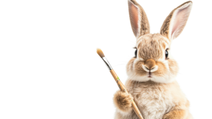 Easter bunny holding paint brush on transparent background