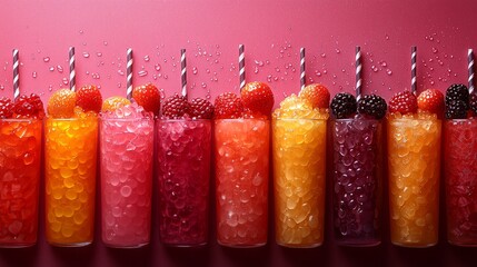 Colorful fruit drinks row, pink background, summer refreshment, menu design