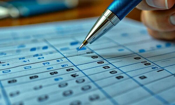 Close-up of a hand holding a pen over a detailed document with numbers and data, showcasing analysis