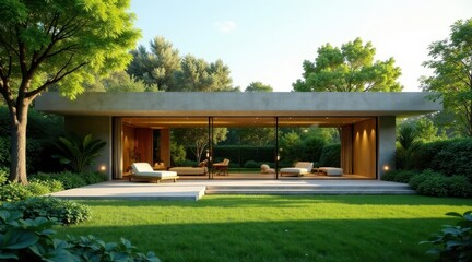 Serene Modern Pavilion  Glass-walled retreat nestled amongst lush greenery, offering a tranquil sanctuary with comfortable lounge areas and soft, natural light.