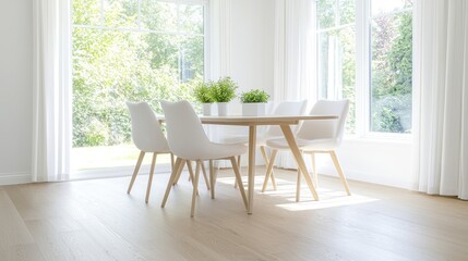 Fototapeta premium Bright dining room, modern chairs, garden view