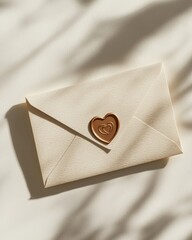 Minimalistic beige envelope sealed with a golden heart stamp, resting on a textured surface with soft natural shadows