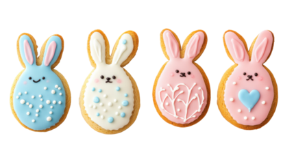 Four easter bunny cookies decorated with icing on transparent background