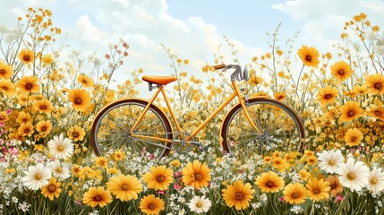 Fototapeta premium Sunny Day Bicycle Ride in a Yellow Flower Field