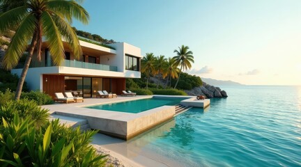 Obraz premium Coastal Modern Home with Infinity Pool and Lush Tropical Landscaping at Sunset