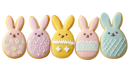 Five easter bunny cookies decorated with icing on transparent background