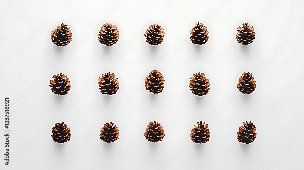 Wall mural Pine cones arranged on white background, flat lay