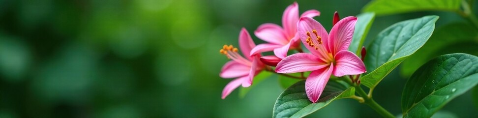 Delicate pink kaffir lily flowers on a leafy branch with water droplets, foliage, bloom