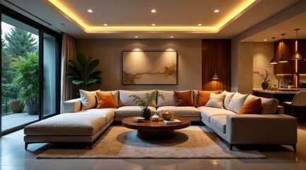 Serene Modern Living Room Interior Design with Cozy Sectional Sofa and Ambient Lighting