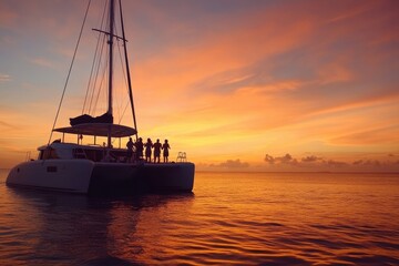 Friends relax at a summer sunset party drinking champagne and chatting on a sailing catamaran during their tropical vacation