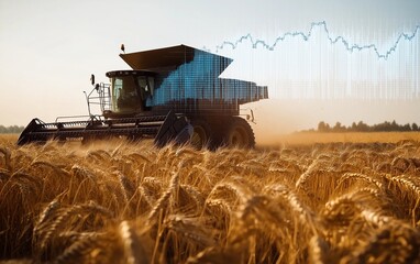 Fototapeta premium A combine harvester in a wheat field with rising stock market graphs, symbolizing increasing wheat prices