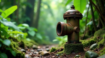 Fototapeta premium Rustic Metal Pipe Amidst Lush Greenery, a Forgotten Artifact of Industry Reclaimed by Nature's Embrace