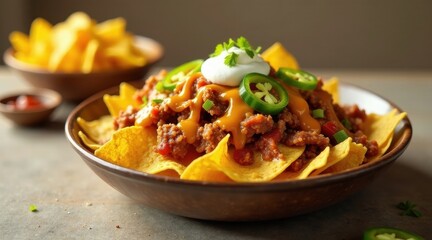 Aromatic Seasoned Meat and Crispy Tortilla Chips with Creamy Topping in a Rustic Bowl