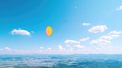 Paragliding over scenic landscape, sunny day