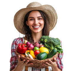 Woman with basket of vegetables isolated on transparent background