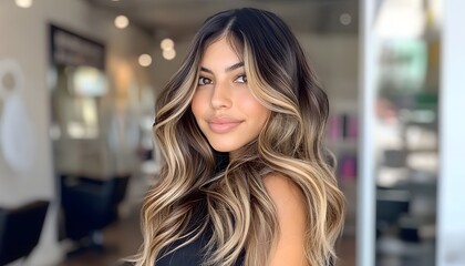 Fototapeta premium Woman with Long Brown and Blonde Wavy Hair