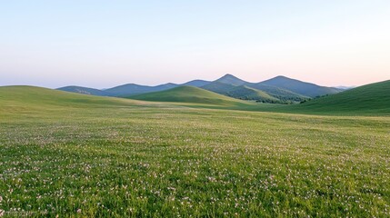 Serene grassland sunset, rolling hills, wildflowers