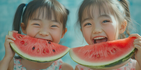 Joyful summer moment two girls enjoying watermelon by the poolside fun activity outdoor setting playful vibe for family memories