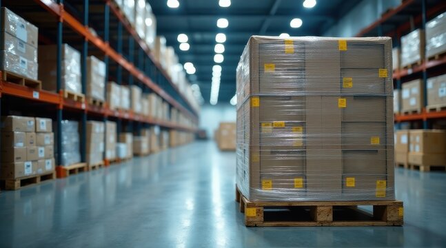 A pallet of shrink-wrapped cardboard boxes sits in a spacious warehouse aisle, ready for distribution.  The background shows rows of neatly organized shelves stocked with additional merchandise.
