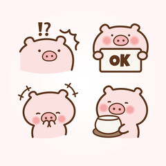 Vector cartoon illustration of cute pig sticker set Concept Isolated Flat