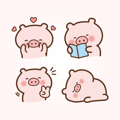 Vector cartoon illustration of cute pig sticker set Concept Isolated Flat