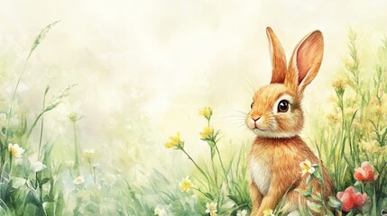 Fototapeta premium A Beautiful Rabbit Resting Comfortably in a Vibrant Field of Colorful Flowers Surrounded by Lush Greenery Under a Bright Blue Sky Evoking a Sense of Peace and Tranquility in Nature