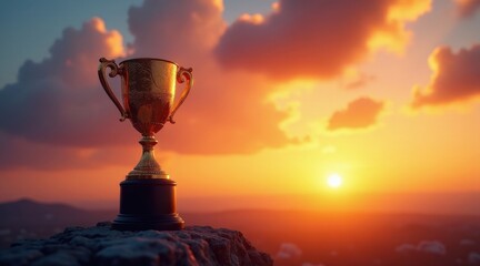 A golden trophy rests atop a rocky peak, silhouetted against a vibrant sunset, symbolizing achievement and the culmination of hard work and dedication.