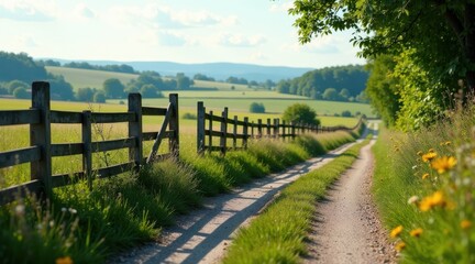 Fototapeta premium Serene Country Lane with Wooden Fence and Lush Meadows Under a Sunny Sky