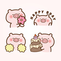 Vector cartoon illustration of cute pig sticker set Concept Isolated Flat