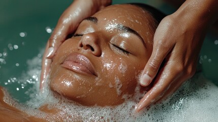Fototapeta premium Young Black woman relaxes with eyes closed while hands gently cradle her face in a bubbly spa bath.