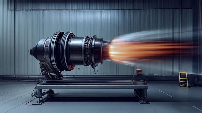 Side view of an airplane turbine as it spins on a test stand, with the blurred motion of the blades conveying power and speed, while the body of the engine is sharp and crisp, dynamic and sharp 
