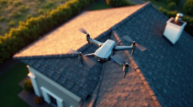 A drone surveys a residential dwelling at sunset, its rotors spinning silently above the roofline