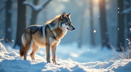 Obraz premium Majestic canine standing in a snowy woodland, bathed in the soft glow of winter sunlight, a serene winter scene.