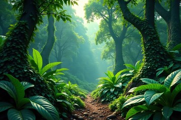 Dense foliage of croton plant in tropical forest, tropical plants, vines, jungle