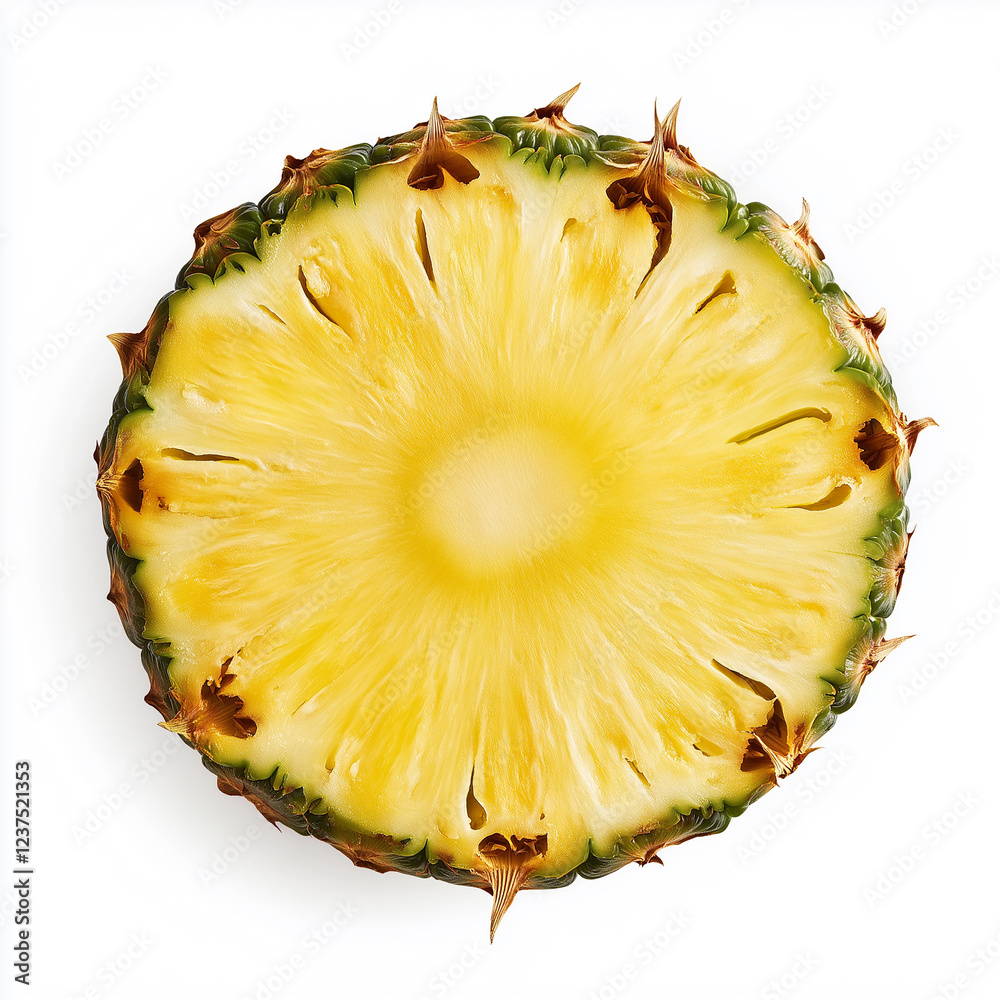 Poster ripe pineapple slice showing its texture and freshness on white background