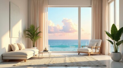 Fototapeta premium Serene Coastal Living Room with Ocean View and Soft Lighting
