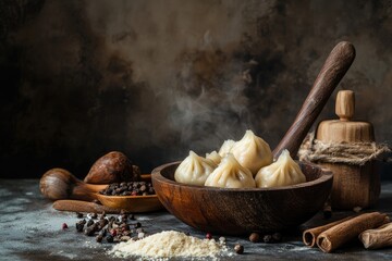 Steaming Momos in a Rustic Wooden Bowl