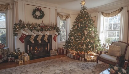 Festive Christmas Living Room Decorated With Tree And Gifts