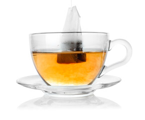 Cup with teabag isolated on white. Brewing aromatic tea