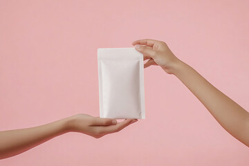 Minimalist white pouch packaging mockup held by hands against a soft pink background. Ideal for showcasing branding, product labels, and packaging designs in a modern, clean style