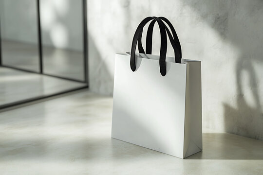 Elegant white paper shopping bag mockup with black handles, placed in a modern, sunlit setting. Perfect for showcasing branding, packaging designs, and retail presentations