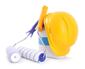 Building material, hardhat and different construction tools isolated on white