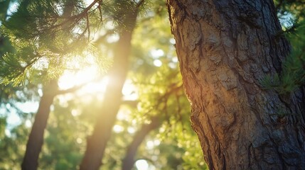 Fototapeta premium Sunlit Pine Tree Trunk with Green Foliage in a Springtime Forest : Generative AI